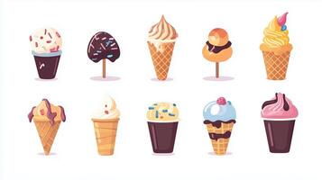 Colorful array of assorted ice cream cones and popsicles in various flavors and styles displayed on a white background photo