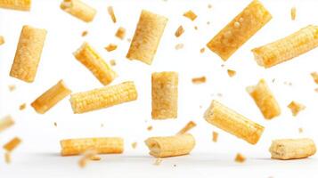 Crispy snacks falling against a light background showcasing their texture and shape during a culinary moment photo