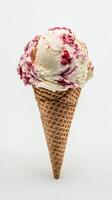 Delicious swirled ice cream in a waffle cone against a clean white backdrop ideal for summer treats and desserts photo