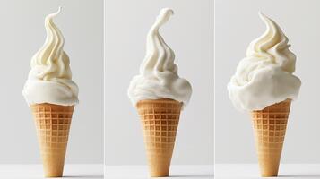 Delicious soft serve ice cream cones arranged in a row against a minimalist background, showcasing creamy swirls and cone textures photo