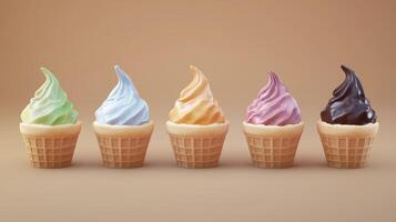 Colorful assortment of five soft serve ice cream cones arranged in a row on a neutral background photo
