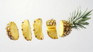 Sliced pineapple segments floating against a white background with vibrant yellow fruit exposed, showcasing freshness and nutrition photo