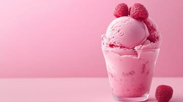 Delicious raspberry ice cream served in a glass against a vibrant pink background photo