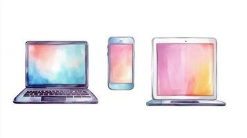 Three digital devices featuring abstract screens with soft pastel colors arranged together on a white background photo