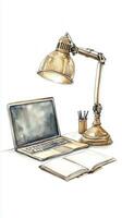A cozy workspace featuring a laptop, an open notebook, and a stylish desk lamp for evening studies or remote work photo