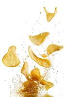 Crispy potato chips splashing into a bowl of water, creating a dynamic and fun culinary moment photo