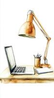 A cozy workspace with a laptop, desk lamp, and stationery on a wooden desk, ideal for productivity and creativity during the day photo