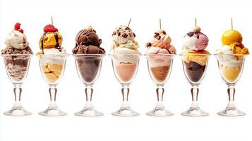 Colorful assortment of ice cream sundaes in tall glasses with whipped cream and toppings displayed on a white background photo