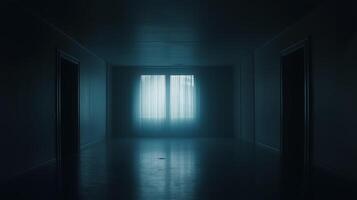 A dimly lit corridor with two doors and light streaming through sheer curtains in an abandoned building during twilight photo