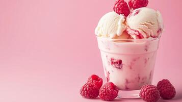 Delicious raspberry swirl ice cream served in a clear cup against a soft pink background, featuring fresh raspberries on top photo
