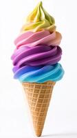 Colorful swirl ice cream cone with pastel shades displayed against a white background during summertime treat photo