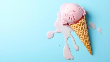Melting pink ice cream scoop on a waffle cone with vibrant blue background in summer photo