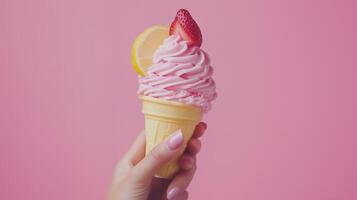 A hand holding a pink swirl ice cream cone topped with a strawberry and lemon slice against a bright pink background photo