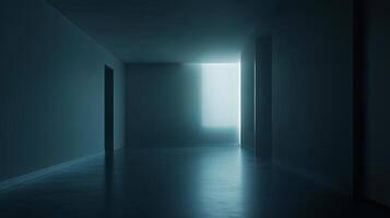 A dimly lit corridor with a single bright window casting light in an otherwise dark interior space photo