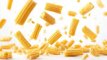 Fresh corn kernels cascading beautifully against a soft white background, capturing the essence of summer harvest photo