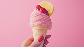 Delicious pink ice cream topped with fresh strawberries and a slice of lemon on a soft cone against a vibrant pink background photo
