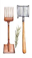 Garden tools including a pitchfork, a mallet, and fresh herbs displayed on a white background for gardening enthusiasts photo