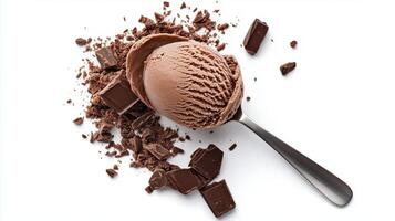Delicious chocolate ice cream scoop with chunks of chocolate scattered on a white background photo