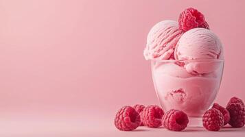 Creamy raspberry ice cream served in a glass dish with fresh raspberries on a pink background photo