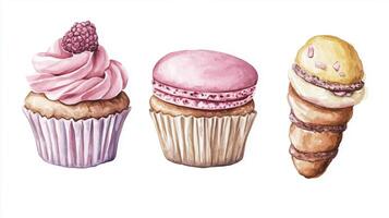 Delicious assortment of colorful desserts featuring a cupcake, macaron, and ice cream cone on a white background photo
