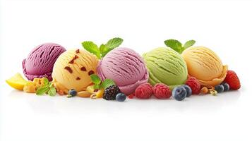 Colorful assortment of ice cream scoops with fresh fruits displayed on a white background photo