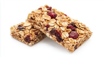 Nutritious homemade granola bars with cranberries and oats placed on a white background, highlighting healthy snack options photo