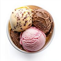 A delicious bowl of assorted ice cream flavors served in a white dish, showcasing colorful scoops of chocolate, strawberry, and vanilla photo