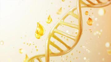 Close-up of a golden DNA strand surrounded by droplets in a bright, luminous background representing advancements in biotechnology photo