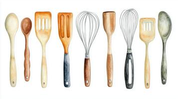 A collection of kitchen utensils displayed in a row showcasing various shapes and materials against a light background photo
