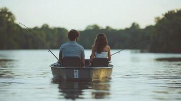 A couple enjoys fishing together on a tranquil lake at sunset, surrounded by lush trees and calm waters, creating a serene atmosphere photo