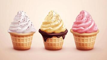 Delicious ice cream cones with vanilla, chocolate, and strawberry flavors displayed against a soft pastel background photo