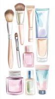 A collection of various makeup and skincare products displayed on a white background with brushes and bottles photo