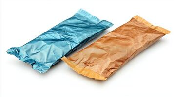 Two colorful wrappers lying side by side, one blue and one brown, showcasing distinct designs on a white background photo