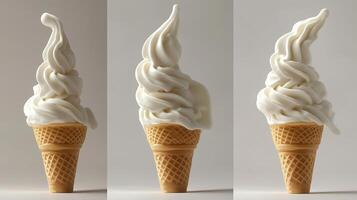Three perfectly swirled soft-serve ice cream cones displayed on a neutral background in a dessert showcase photo