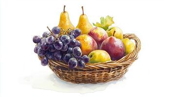 A vibrant assortment of fresh fruits in a woven basket with grapes, apples, and pears displayed on a light background photo