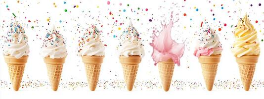 Colorful ice cream cones with sprinkles arranged on a white background during a bright summer day photo
