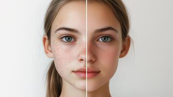 Transformation of youthful complexion showcasing natural skin on one side and enhanced features on the other in a minimalist setting photo