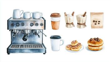 A charming coffee setup featuring an espresso machine with cups, baked goods, and coffee essentials in a cozy kitchen scene photo