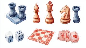 Colorful chess and card game pieces arranged on a white background for illustration of strategic games and leisure activities photo