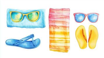 A colorful summer beach essentials layout featuring sunglasses, flip flops, and a beach towel in bright colors photo