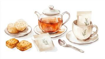 A cozy afternoon tea setup with herbal tea, scones, and biscuits on a delicate table setting in a serene environment photo