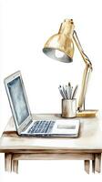 A cozy workspace featuring a laptop, desk lamp, and pencil holder in a bright and inviting setting photo