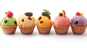 Colorful assorted ice cream cones with various flavors and toppings displayed on a white background photo