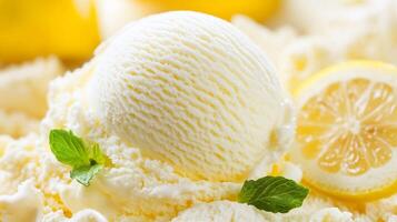 Creamy lemon ice cream topped with fresh mint and slices of lemon on a summer afternoon photo