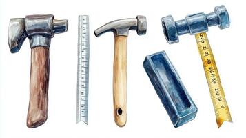 Various hand tools including a hammer, ruler, and measuring tape laid out on a clean white background for DIY projects photo