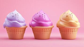 Three colorful soft-serve ice cream cones served in waffle cups against a pastel pink background photo