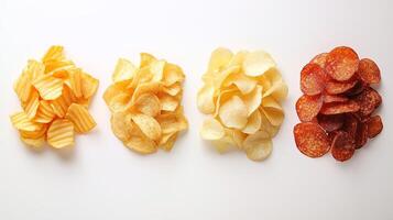 Delicious assortment of potato chips and pepperoni slices arranged neatly on a white background, perfect for snacking photo