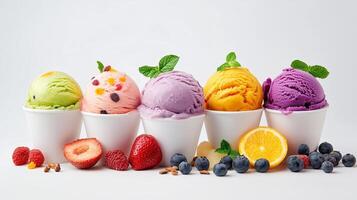 Vibrant display of five ice cream scoops in cups with fresh fruit on a white background photo
