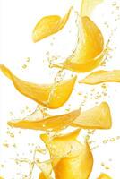 Floating potato chips splash in a burst of yellow liquid against a white background, capturing the dynamic motion of snack time photo