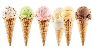 A colorful selection of ice cream cones displayed in a row highlighting different flavors and textures on a white background photo